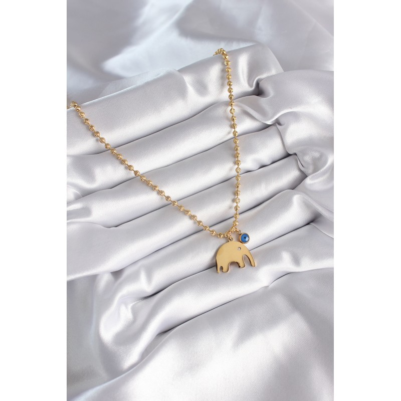 316L Çelik Gold Renk Top Zincir Model Fil Figür Nazar Boncuk Detay Kadın Kolye 316L Çelik Gold Renk Top Zincir Model Fil Figür Nazar Boncuk Detay Kadın Kolye