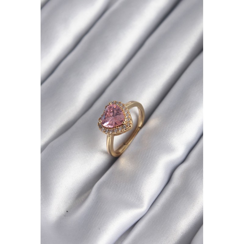 Pirinç Gold Renk Pembe Zirkon Taş Kalp Charm Model Kadın Yüzük Pirinç Gold Renk Pembe Zirkon Taş Kalp Charm Model Kadın Yüzük